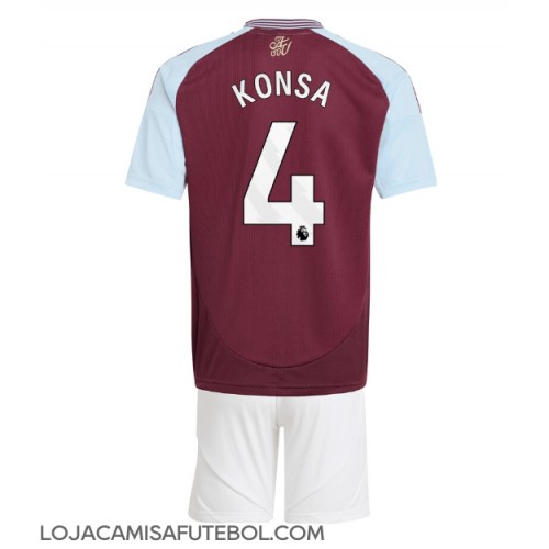 Camisa de Futebol Aston Villa Ezri Konsa #4 Equipamento Principal Infantil 2024-25 Manga Curta (+ Calças curtas)